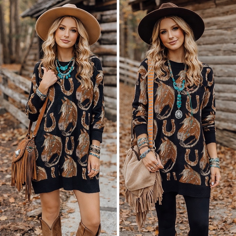 Western Patterned Oversized Mini Sweater Dress